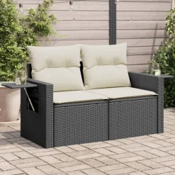 vidaXL Sofá de jardín 2 plazas con cojines ratán sintético negro Negro y crema Best