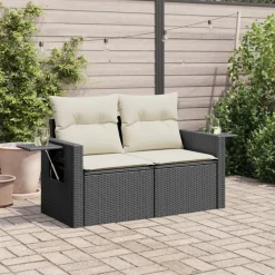vidaXL Sofá de jardín 2 plazas con cojines ratán sintético negro Negro y crema Best