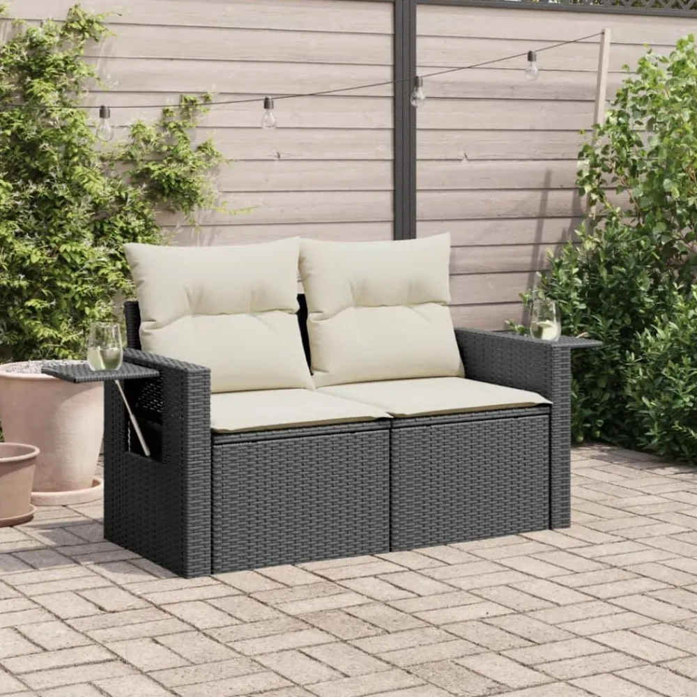 vidaXL Sofá de jardín 2 plazas con cojines ratán sintético negro Negro y crema Best