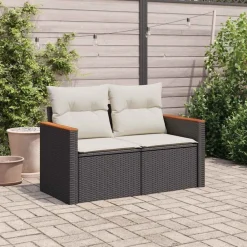 vidaXL Sofá de jardín 2 plazas con cojines ratán sintético negro Negro y blanco