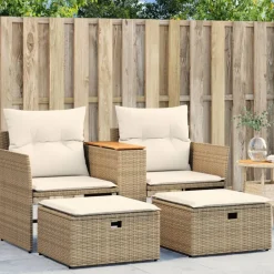 vidaXL Muebles De Jardín-Sofá de jardín 2 plazas con toldo y taburetes ratán PE