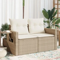 vidaXL Sofá de jardín con cojines de 2 plazas ratán sintético beige beige y crema Best