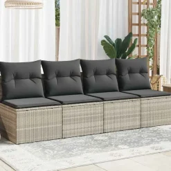 vidaXL Sofá de jardín con cojines 4 plazas ratán sintético Gris claro Outlet
