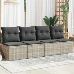 vidaXL Sofá de jardín con cojines 4 plazas ratán sintético Gris claro Outlet