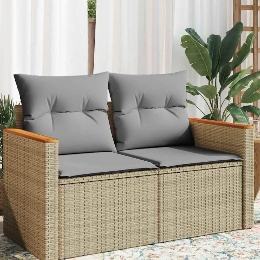 vidaXL Sofá de jardín con cojines de 2 plazas ratán sintético beige beige y gris claro New