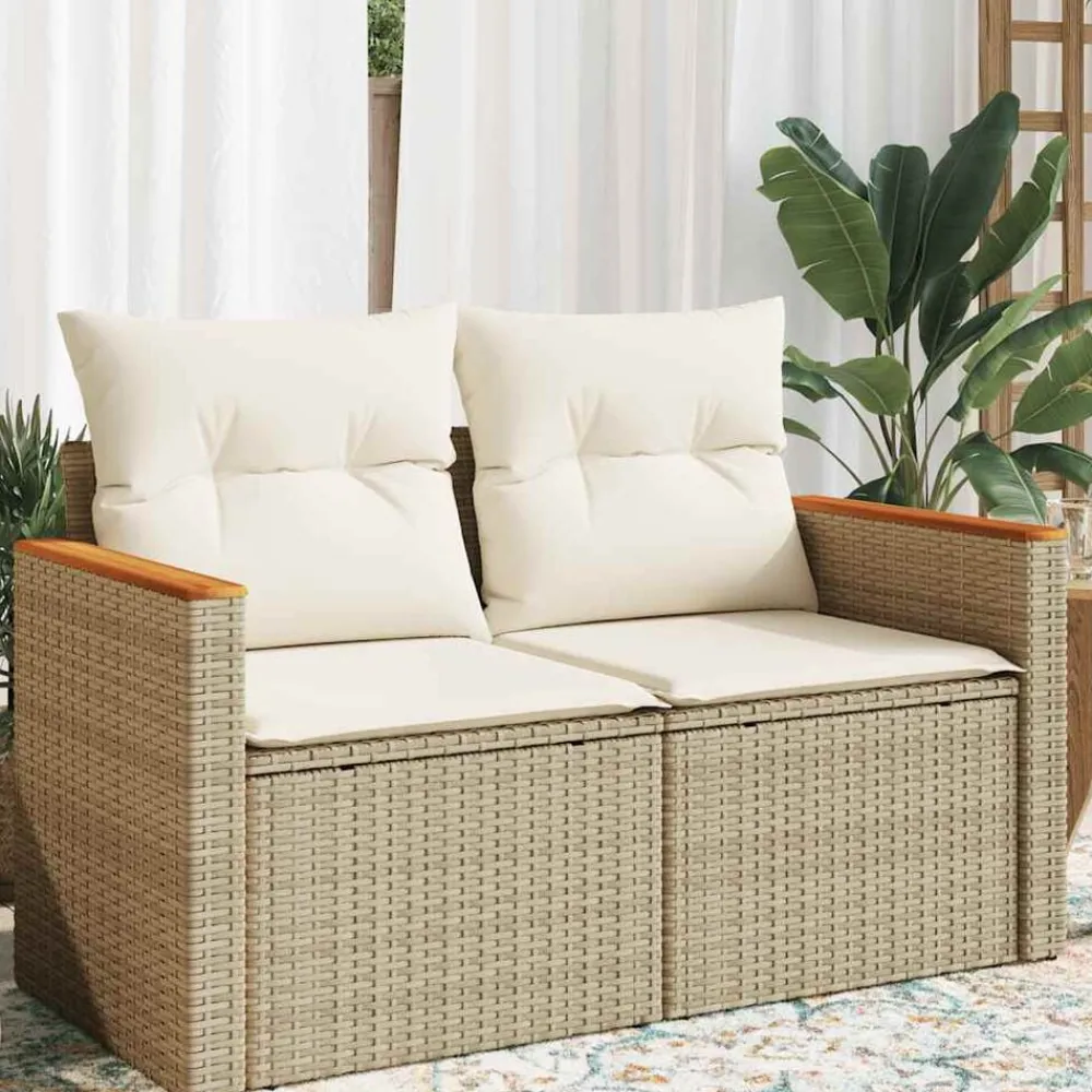 vidaXL Sofá de jardín con cojines de 2 plazas ratán sintético beige Beige y blanco