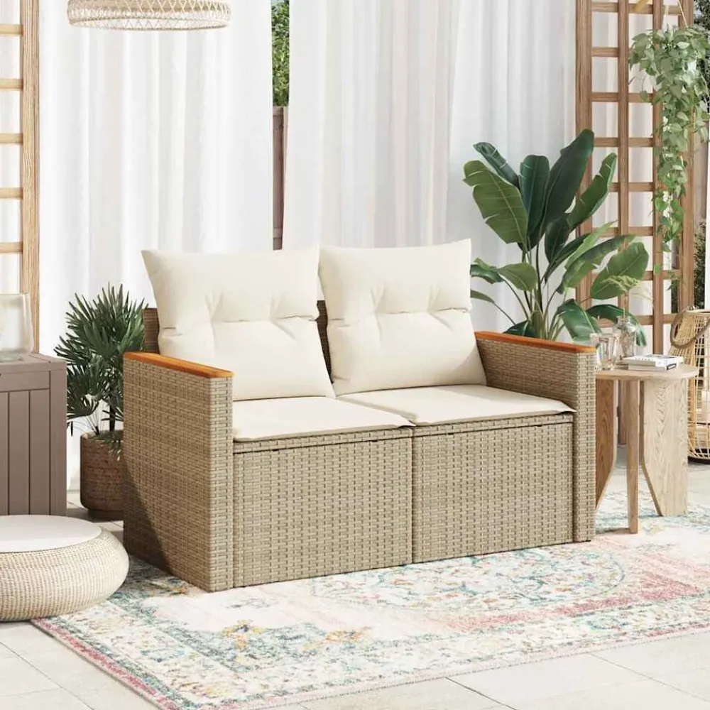 vidaXL Sofá de jardín con cojines de 2 plazas ratán sintético beige Beige y blanco