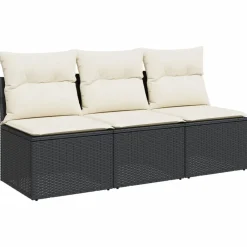 vidaXL Sofá de jardín de 3 plazas con cojines de ratan PE en negro Negro y crema Best