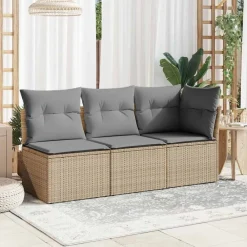 vidaXL Muebles De Jardín-Sofá de jardín de 3 plazas con cojines ratán sintético beige