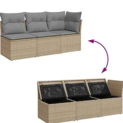vidaXL Muebles De Jardín-Sofá de jardín de 3 plazas con cojines ratán sintético beige