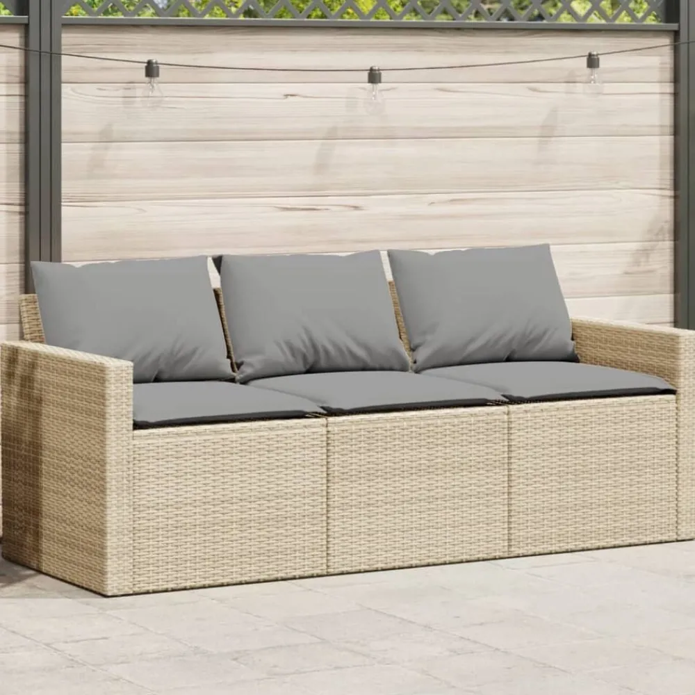 vidaXL Sofá de jardín de 3 plazas con cojines ratán sintético beige beige y gris claro