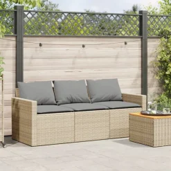 vidaXL Sofá de jardín de 3 plazas con cojines ratán sintético beige beige y gris claro