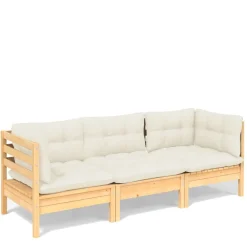 vidaXL Sofá de jardín de 3 plazas con cojines madera maciza pino crema Marrón y crema Best