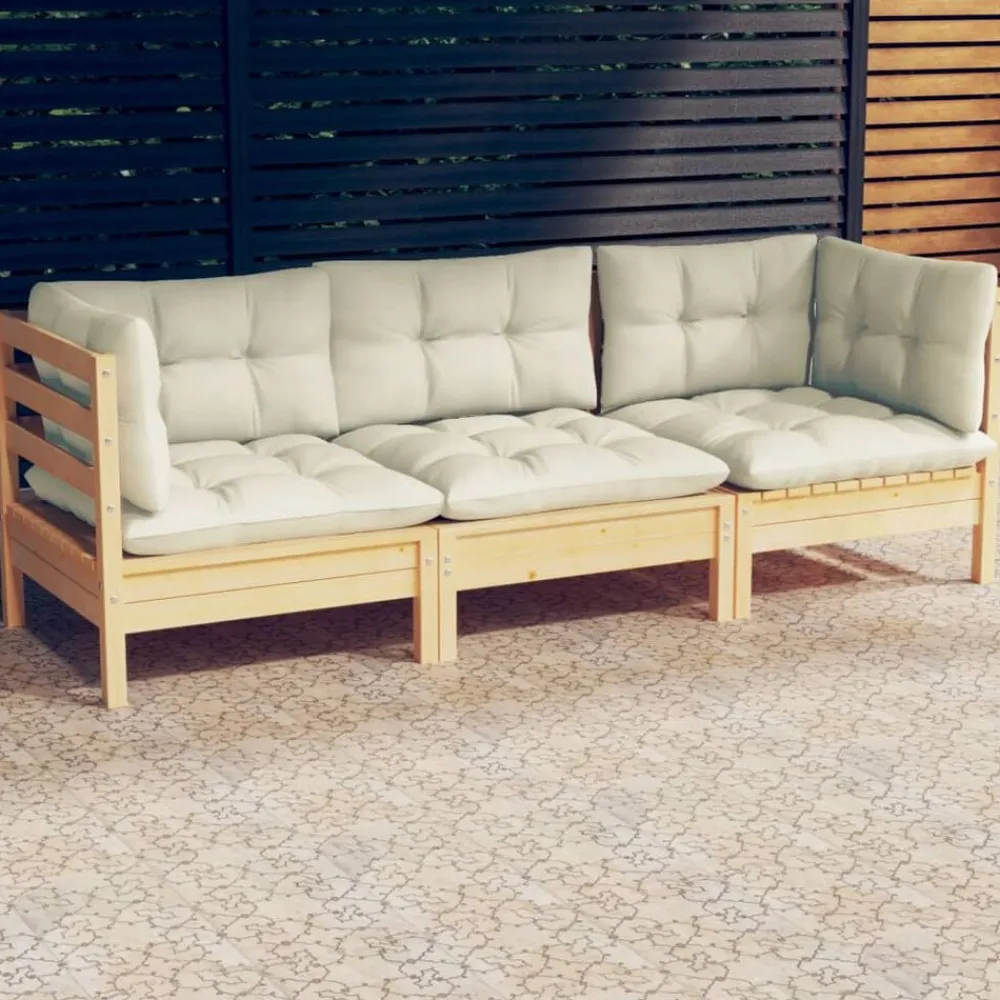 vidaXL Sofá de jardín de 3 plazas con cojines madera maciza pino crema Marrón y crema Best