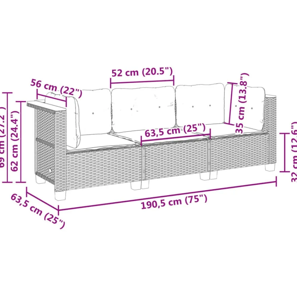 vidaXL Muebles De Jardín-Sofá de jardín de 3 plazas con cojines ratán sintético