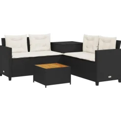 vidaXL Sofá de jardín en forma de L con mesa y cojines ratán PE negro Negro y crema Online
