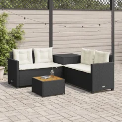 vidaXL Sofá de jardín en forma de L con mesa y cojines ratán PE negro Negro y crema Online