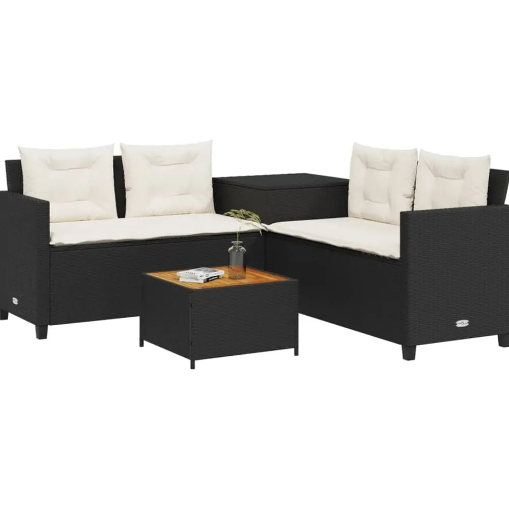 vidaXL Sofá de jardín en forma de L con mesa y cojines ratán PE negro Negro y crema Online