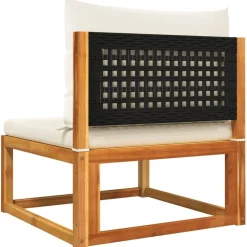 vidaXL Sofá de jardín sin brazos con cojines de madera de acacia y ratán Negro y crema Best