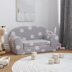 Niños vidaXL Mobiliario Para Bebés Y Niños Pequeños-Sofá de niños de 2 plazas felpa suave gris claro con estrellas
