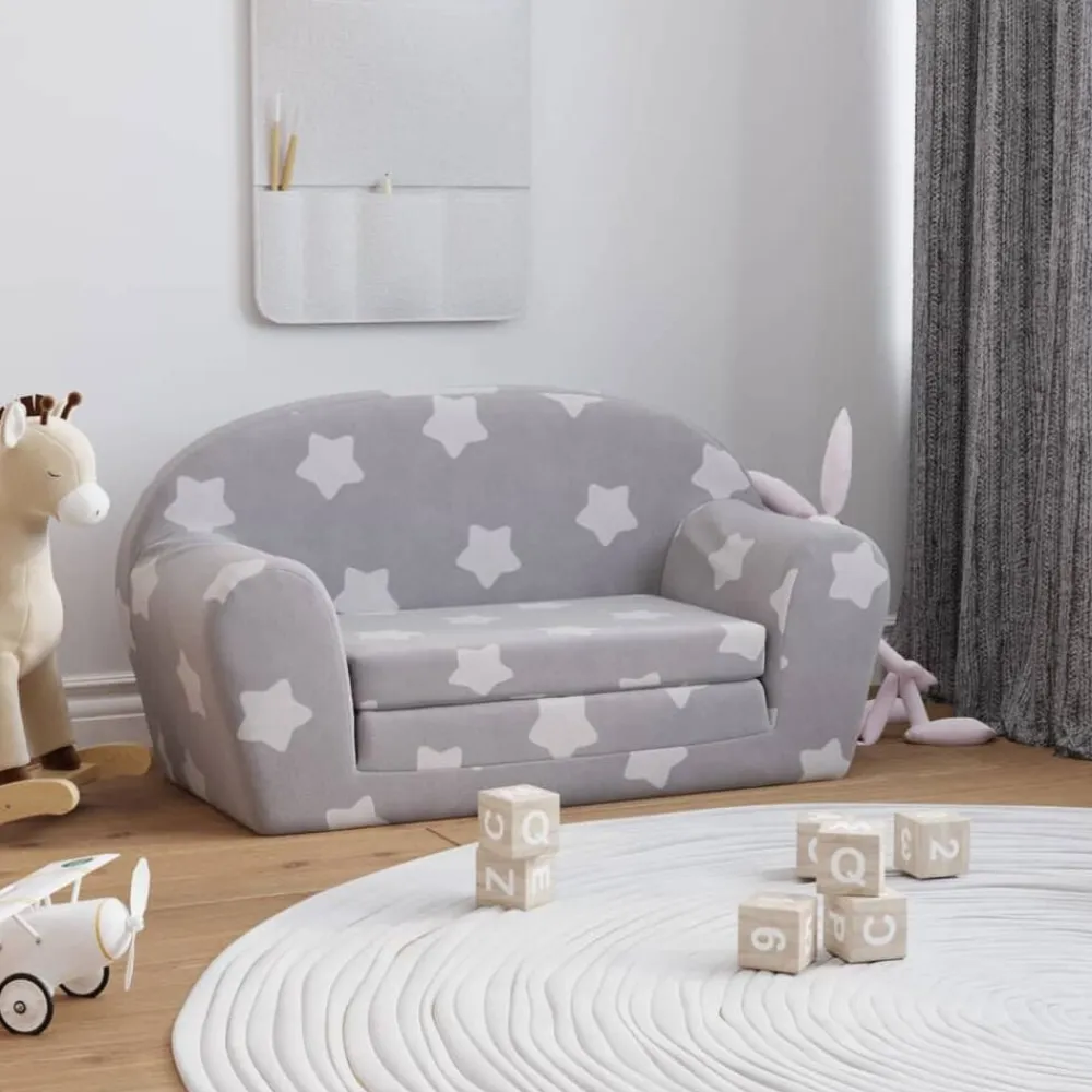 Niños vidaXL Mobiliario Para Bebés Y Niños Pequeños-Sofá de niños de 2 plazas felpa suave gris claro con estrellas