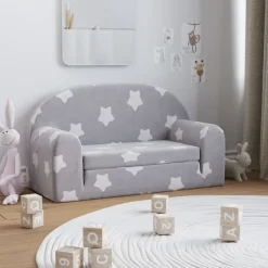 Niños vidaXL Mobiliario Para Bebés Y Niños Pequeños-Sofá de niños de 2 plazas felpa suave gris claro con estrellas