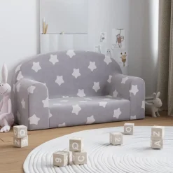 vidaXL Sofá de niños de 2 plazas felpa suave gris claro con estrellas Gris claro y blanco Online
