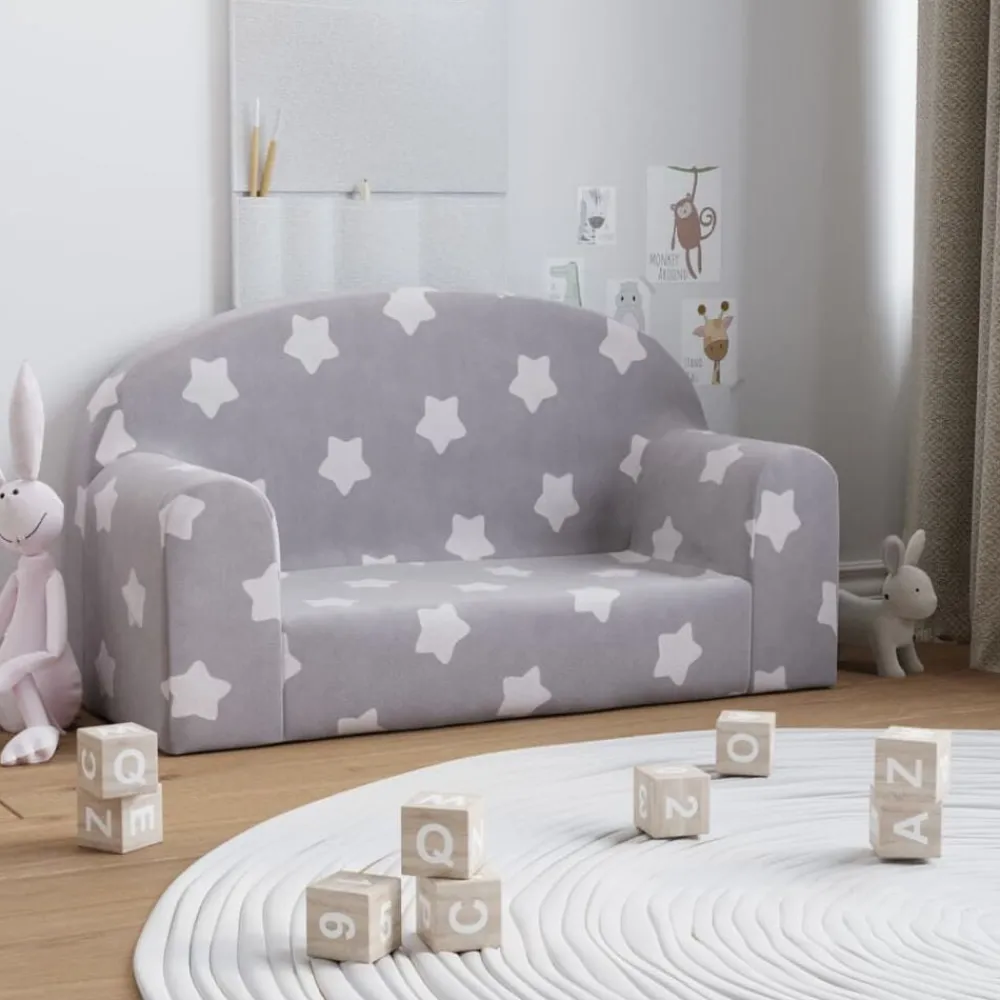 vidaXL Sofá de niños de 2 plazas felpa suave gris claro con estrellas Gris claro y blanco Online