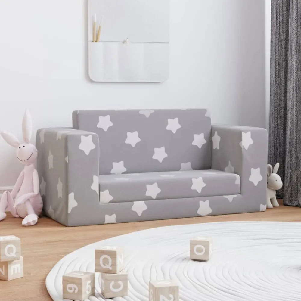 Niños vidaXL Mobiliario Para Bebés Y Niños Pequeños-Sofá de niños de 2 plazas felpa suave gris claro con estrellas