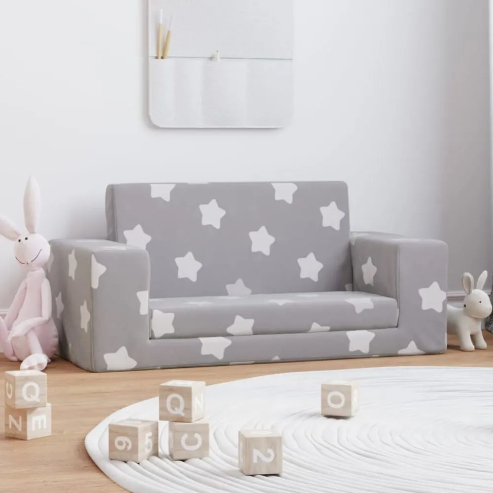 Niños vidaXL Mobiliario Para Bebés Y Niños Pequeños-Sofá de niños de 2 plazas felpa suave gris claro con estrellas