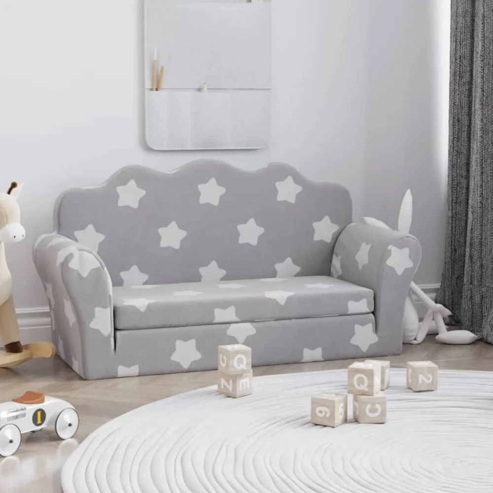 Niños vidaXL Mobiliario Para Bebés Y Niños Pequeños-Sofá de niños de 2 plazas felpa suave gris claro con estrellas