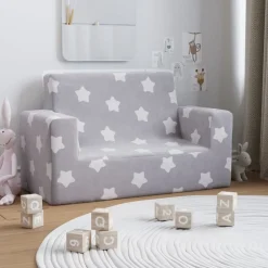 vidaXL Sofá infantil de 2 plazas gris claro con estrellas felpa suave Gris claro y blanco Sale