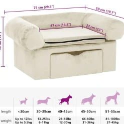 vidaXL Sofá para perros con cajón felpa 75x50x38 cm Crema