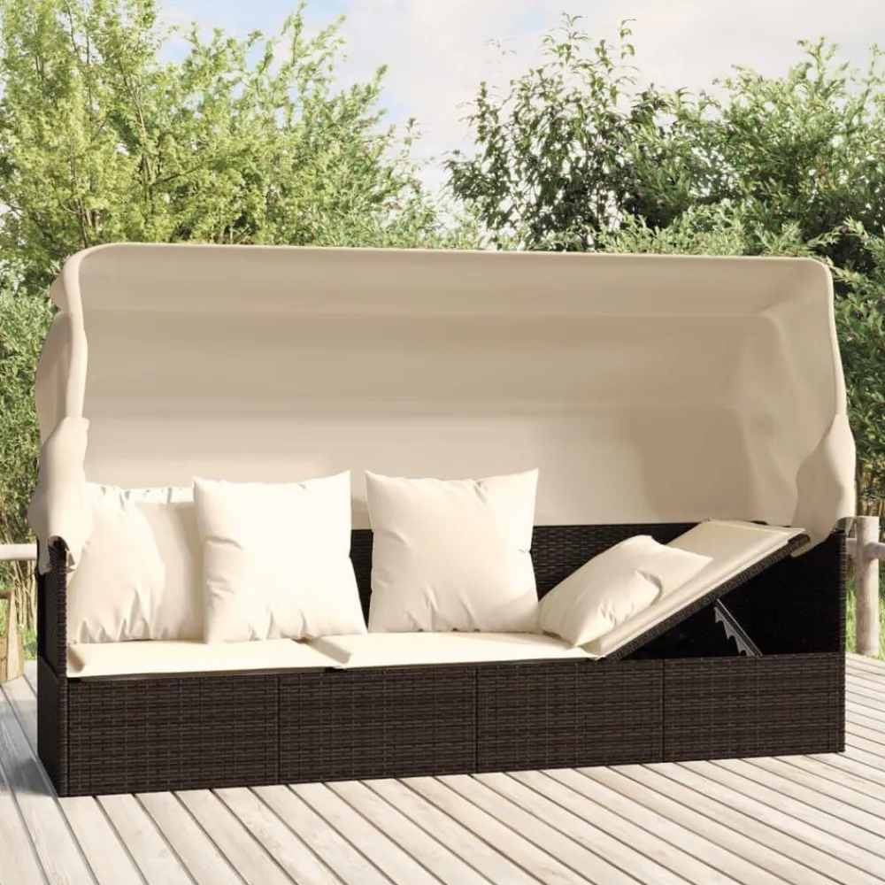vidaXL Sofá tumbona de jardín con toldo cojines ratán sintético marrón Marrón y crema New