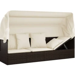 vidaXL Sofá tumbona de jardín con toldo cojines ratán sintético marrón Marrón y crema New