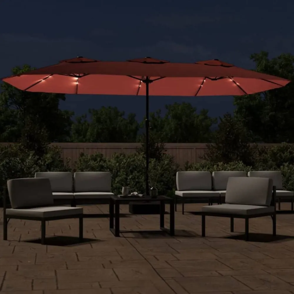 vidaXL Sombrilla doble de jardín con luces LED 449x265 cm Terracota Online