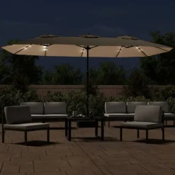 vidaXL Sombrilla doble de jardín con luces LED gris taupe 449x265 cm Taupé Clearance