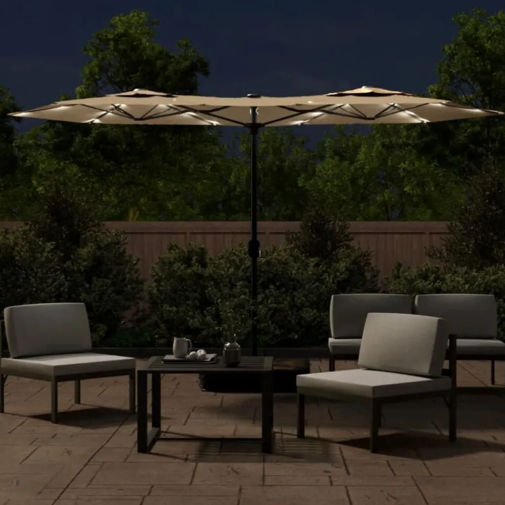 vidaXL Jardín-Sombrilla doble de jardín con luces LED gris taupe 316x145 cm