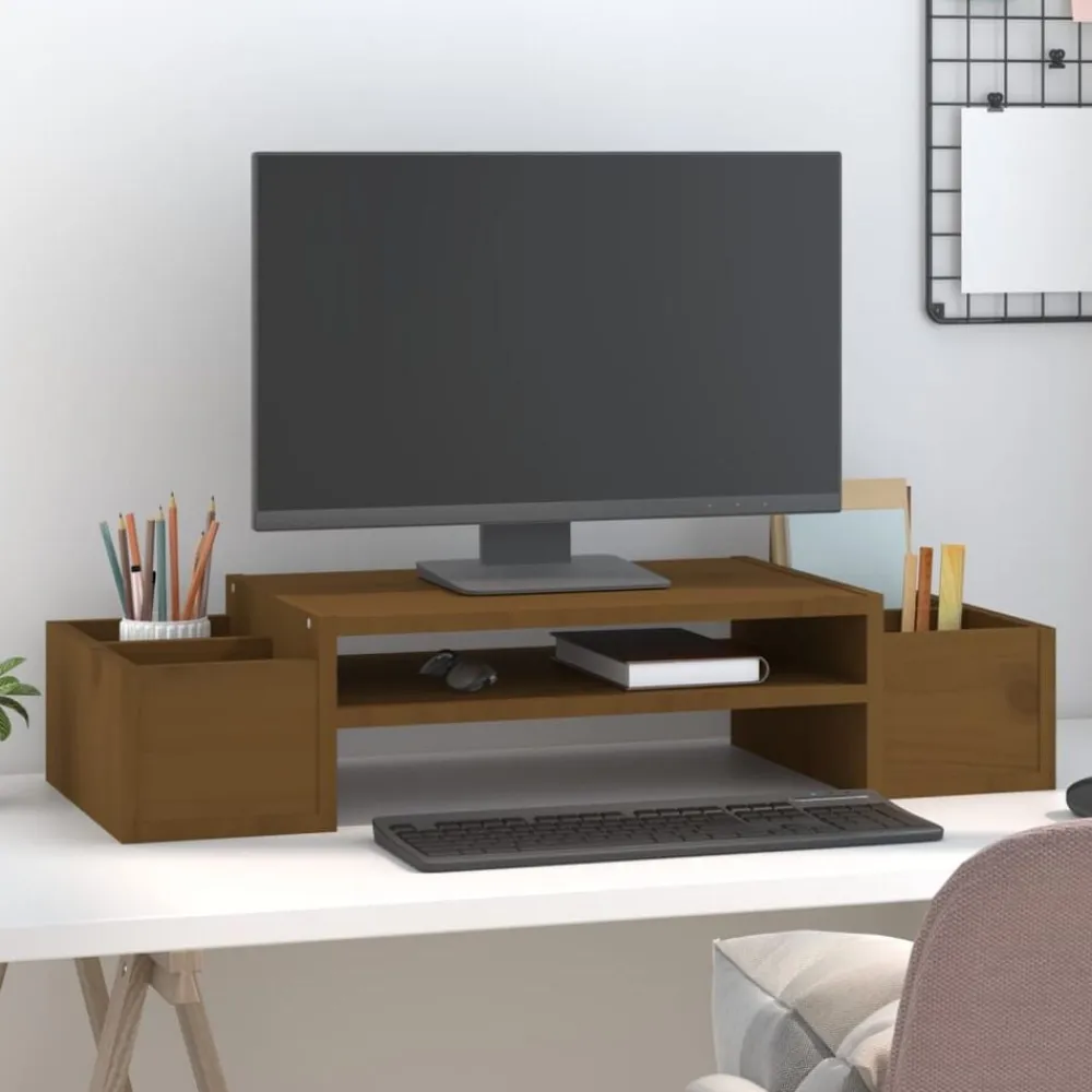 vidaXL Soporte de monitor madera maciza pino marrón miel 70x27,5x15 cm Marrón miel Sale