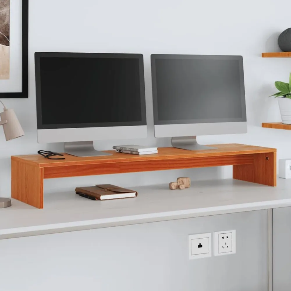 vidaXL Soporte de monitor madera maciza pino marrón cera 100x27x15 cm Marrón cera Hot