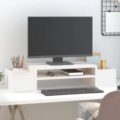 vidaXL Soporte de monitor madera maciza de pino 70x27,5x15 cm Blanco New