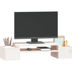 vidaXL Soporte de monitor madera maciza de pino 70x27,5x15 cm Blanco New