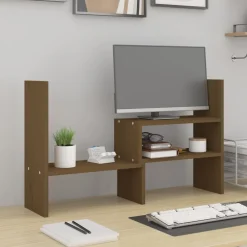 vidaXL Soporte monitor madera maciza pino marrón miel (39-72)x17x43 cm Marr&oacute;n miel Clearance