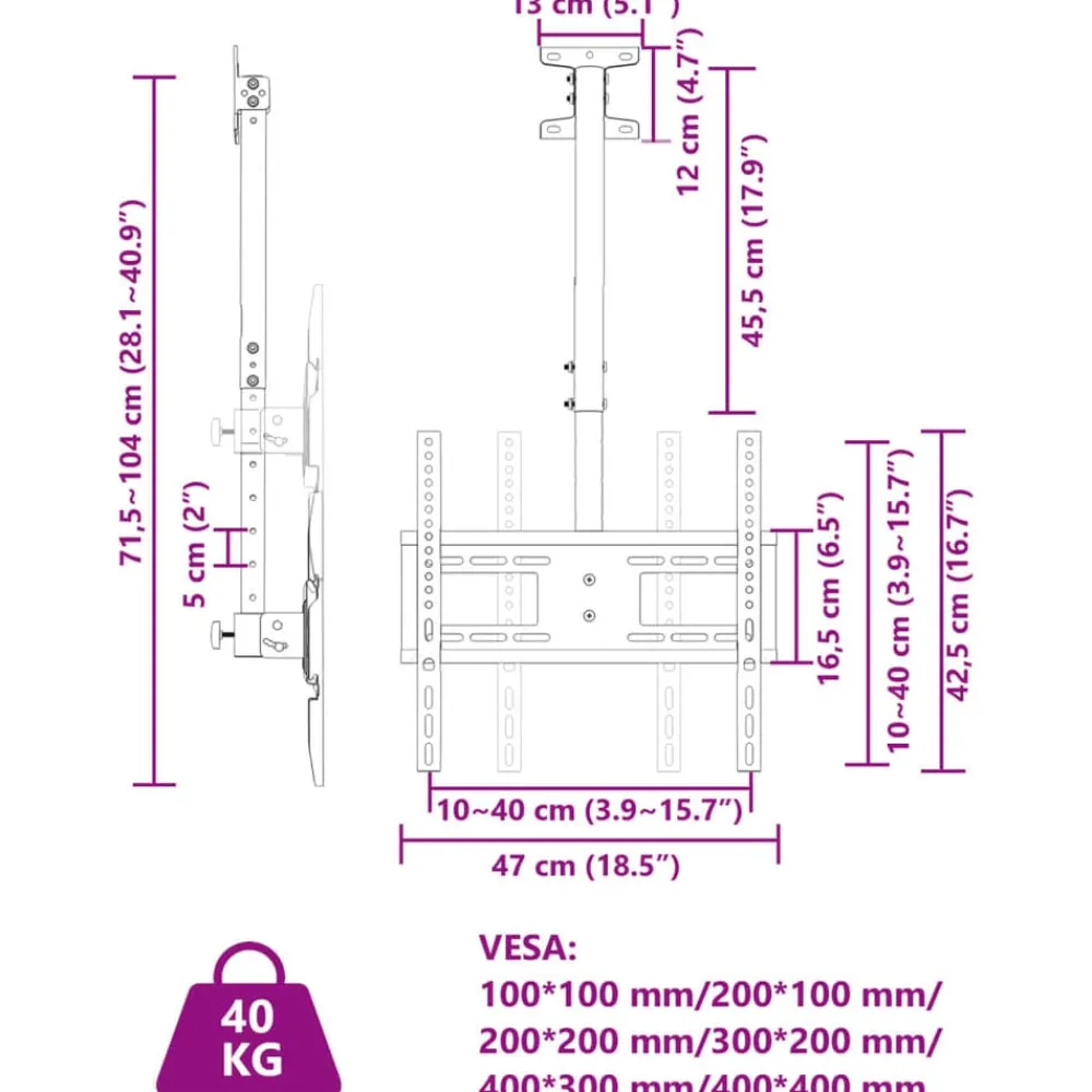 vidaXL Soporte techo TV pantalla 32''-65'' Max VESA 400x400 mm 40 kg