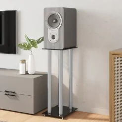 vidaXL Electrónica-Soportes altavoces 2 uds vidrio templado plata negro 4 pilares