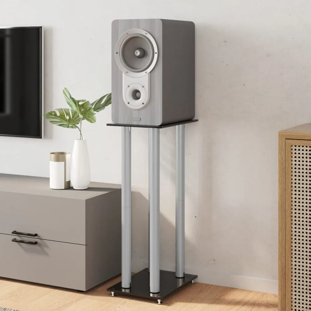 vidaXL Electrónica-Soportes altavoces 2 uds vidrio templado plata negro 4 pilares