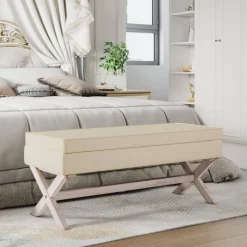 vidaXL Taburete con almacenaje lino 110x45x49 cm Beige