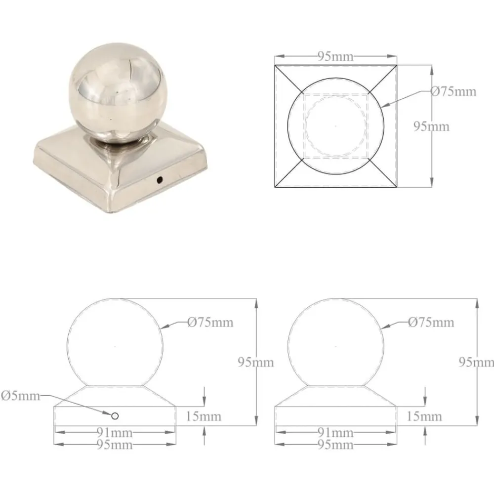 vidaXL Vallas De Jardín-Tapas para postes 6 uds acero inoxidable globo final 91x91 mm
