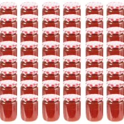 vidaXL Tarros de mermelada de vidrio tapa blanca y roja 48 uds 230 ml Blanco y rojo