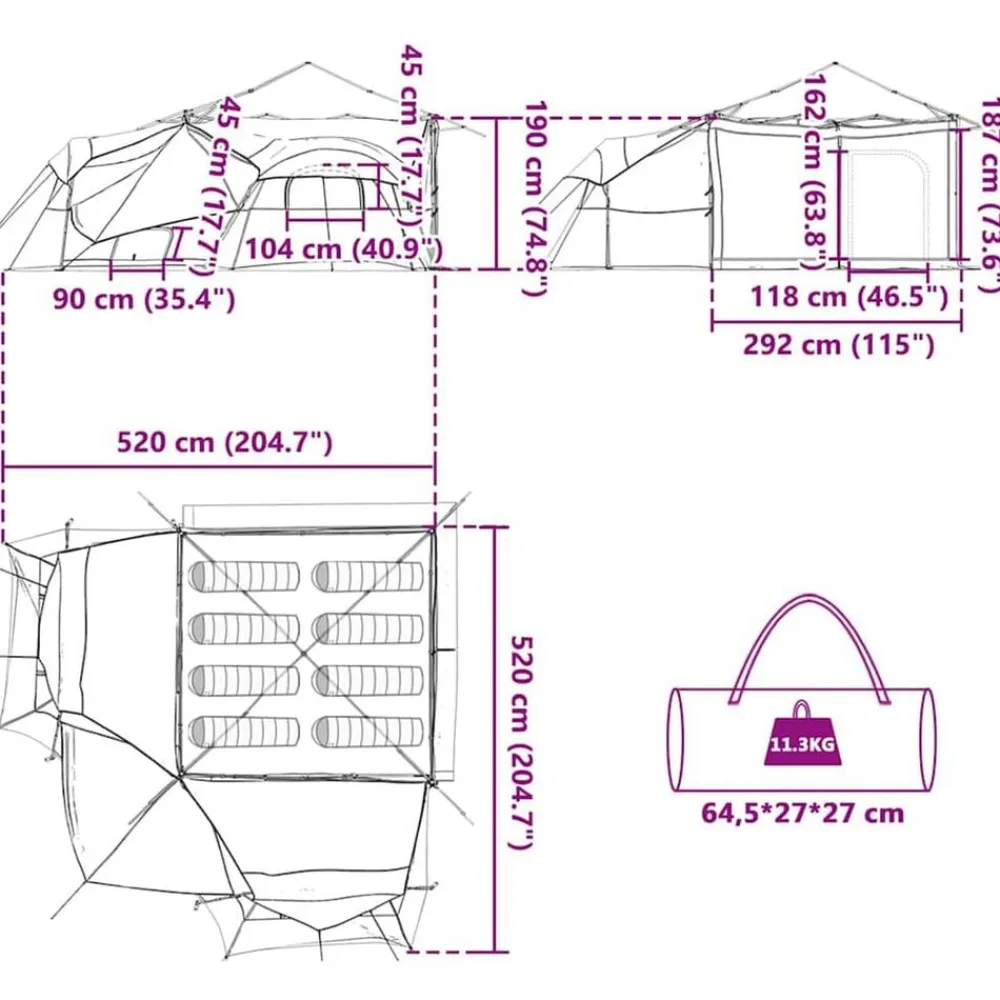 vidaXL Actividades Al Aire Libre-Tienda interior 520 x 520 x 190 cm tafetán